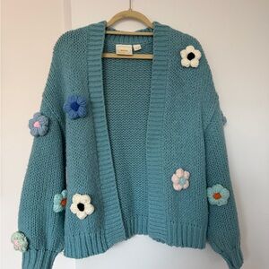 Anthropologie Teal 3D Floral Cardigan